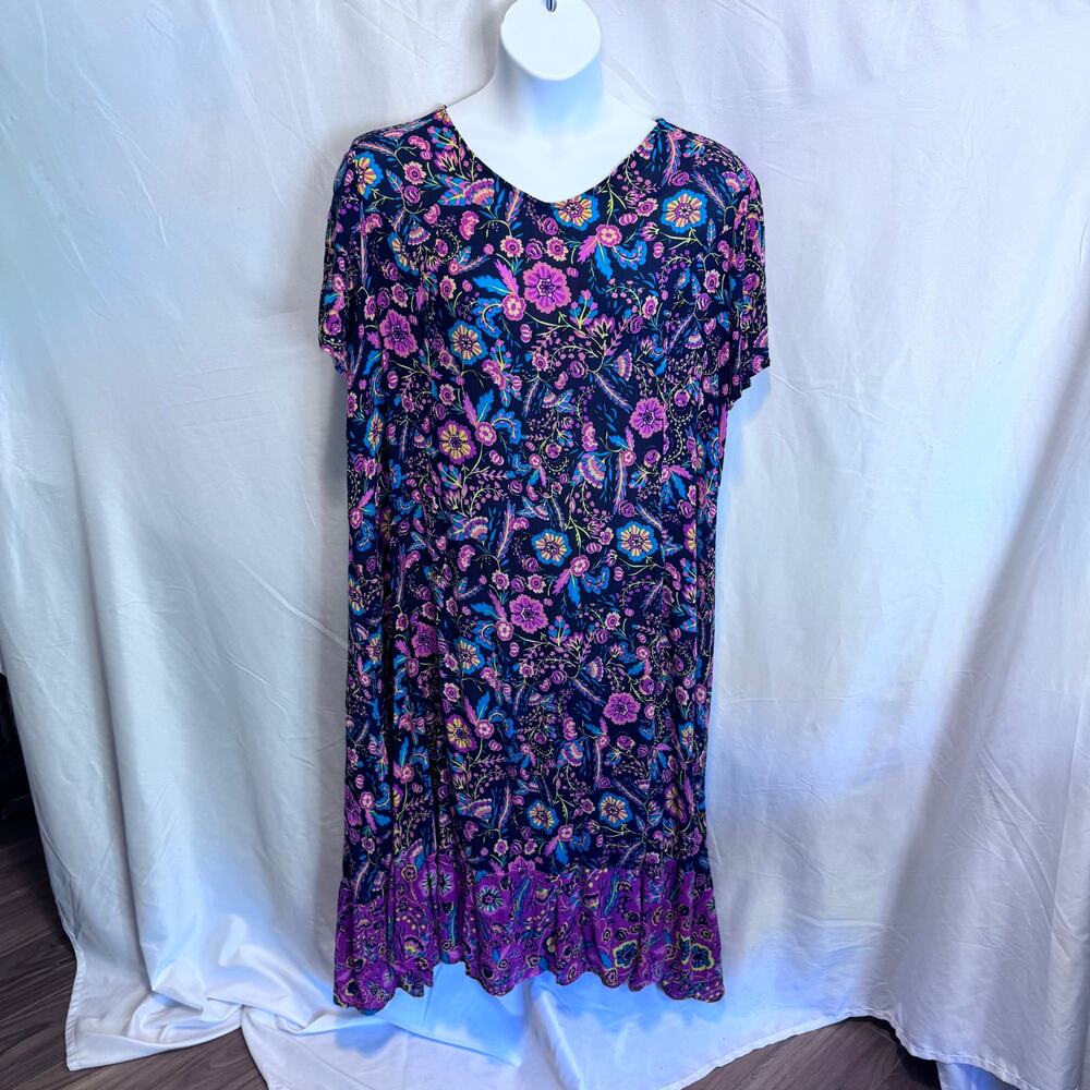 Boho Floral Rayon Maxi Dress Plus Size 1X 22/24 Multi-Color V-Neck Short Sleeve